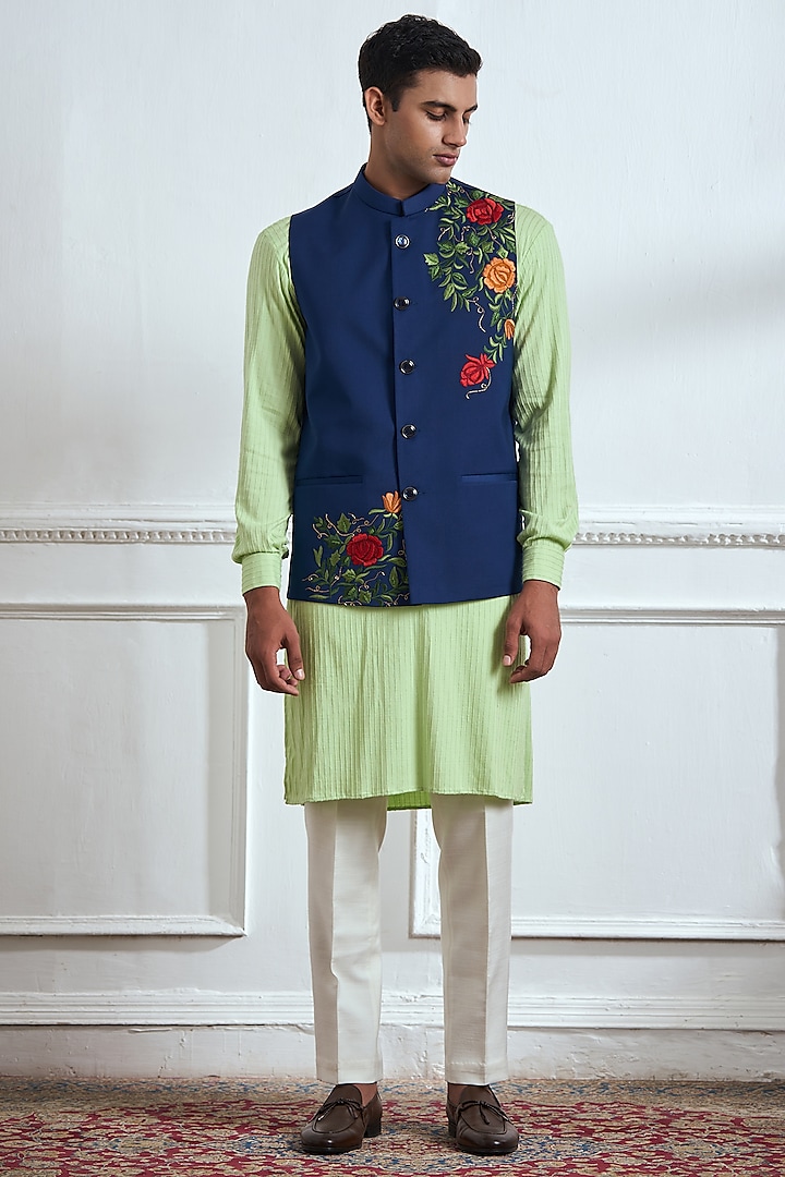Blue Cotton Lycra Blend Embroidered Bundi Jacket With Kurta Set by TAJIRI