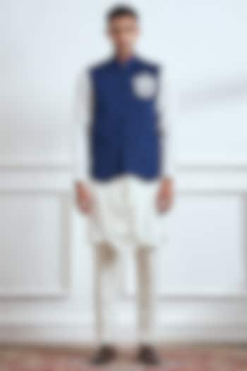 Blue Rayon Embroidered Bundi Jacket With Kurta Set by TAJIRI