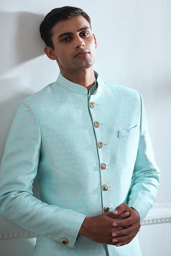 Buy TAJIRI Blue Silk Embroidered Kurta Jacket Set at Pernia ...