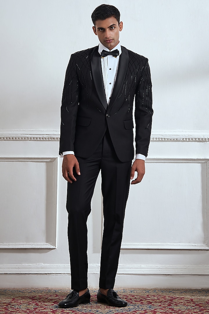 Black Suiting Embroidered Tuxedo Set by TAJIRI