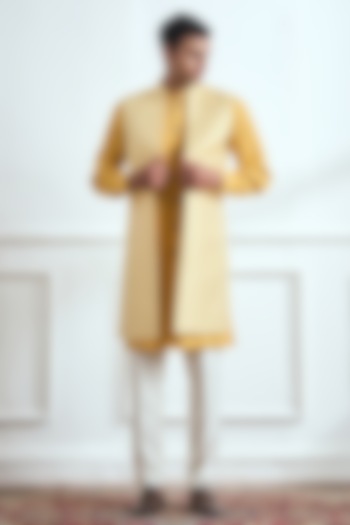 Yellow Cotton Tussar Open Bundi Jacket With Kurta Set by TAJIRI