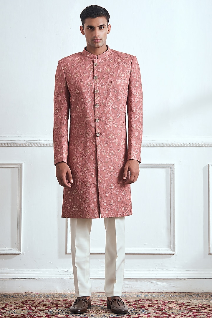 Pink Silk Embroidered Sherwani Set by TAJIRI