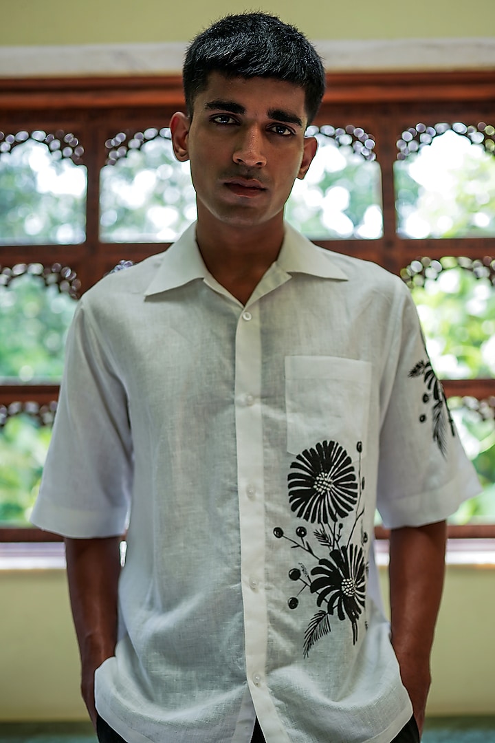 White Linen Hand Painted Shirt by TAJIRI