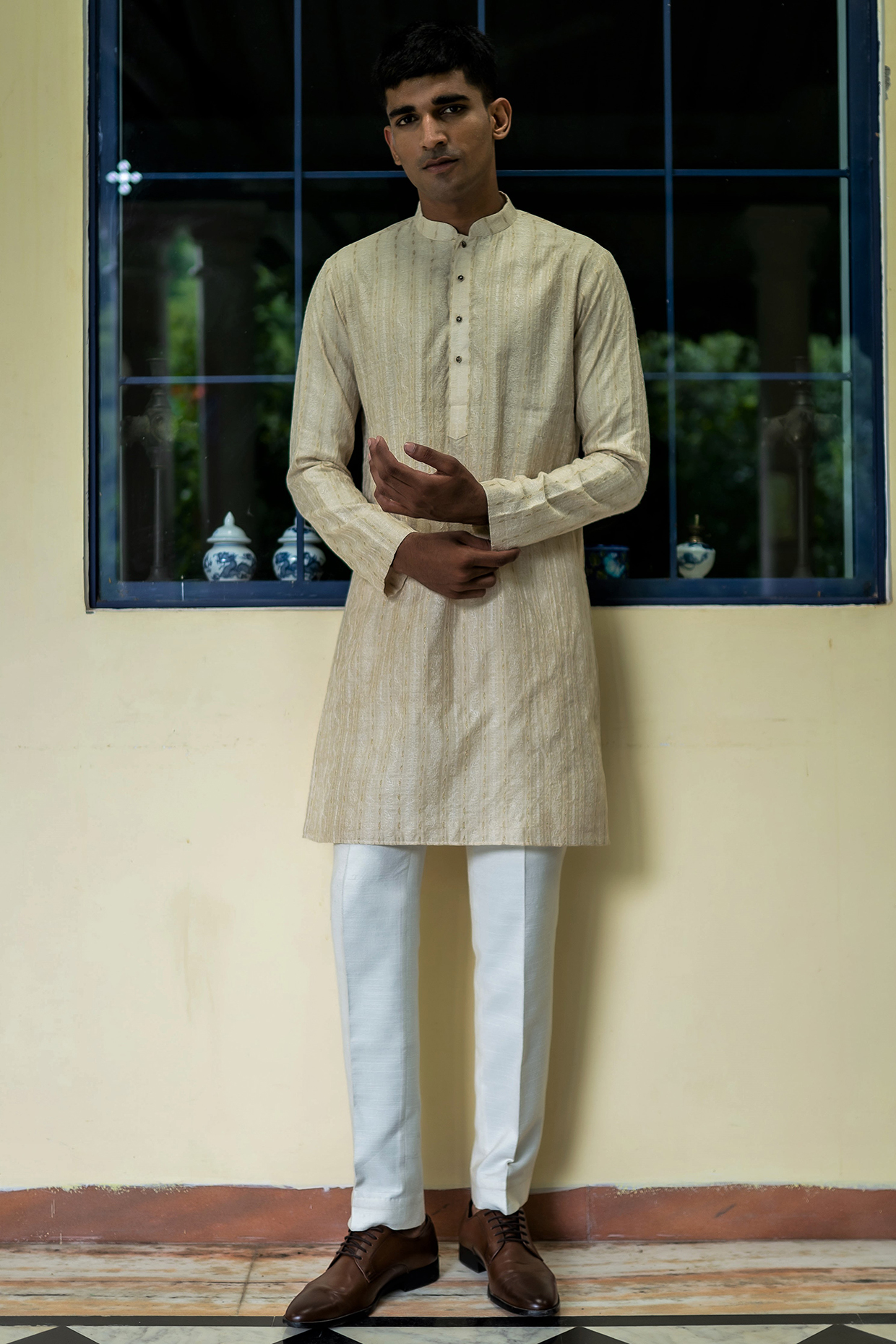 Beige Fine Silk Zari Embroidered Kurta Set by TAJIRI