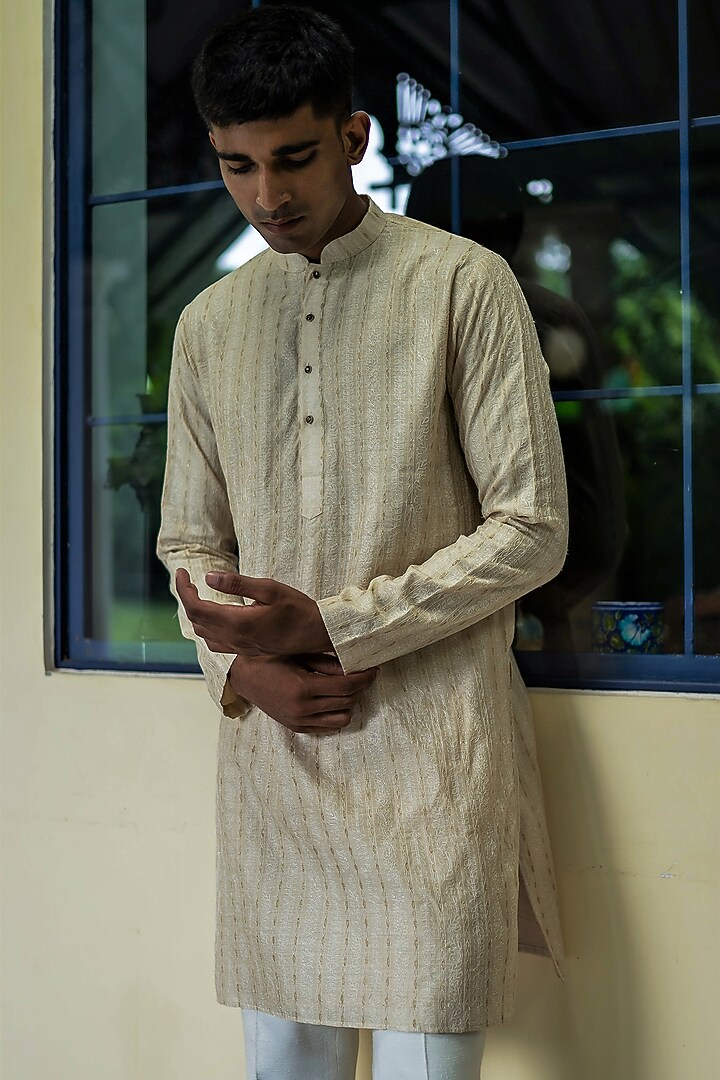 Beige Fine Silk Zari Embroidered Kurta Set by TAJIRI at Pernia's Pop Up Shop