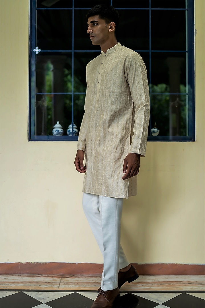 Beige Fine Silk Zari Embroidered Kurta Set by TAJIRI at Pernia's Pop Up Shop
