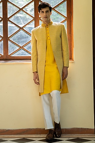 Yellow Cotton Silk Machine Embroidered Indowestern Set by TAJIRI