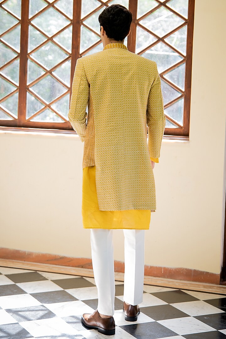 Yellow Cotton Silk Machine Embroidered Wedding Indowestern Set by TAJIRI at Pernia's Pop Up Shop