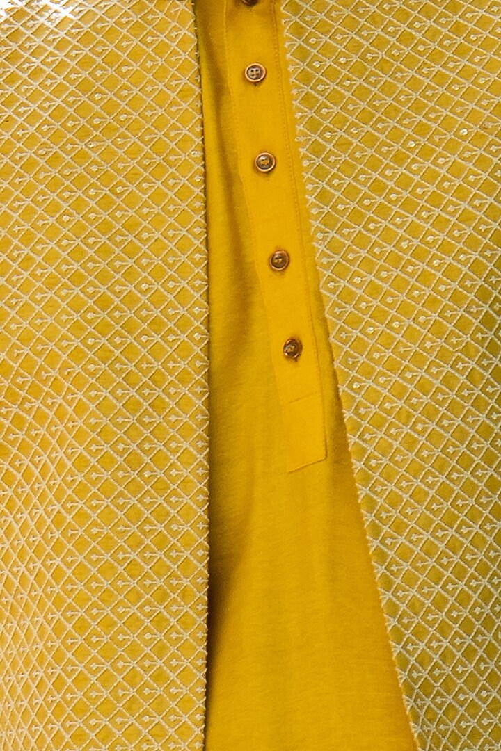 Yellow Cotton Silk Machine Embroidered Wedding Indowestern Set by TAJIRI at Pernia's Pop Up Shop
