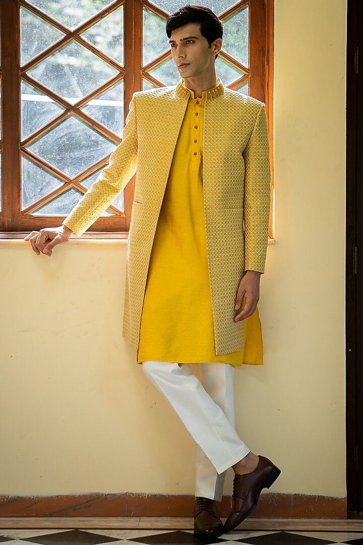 Yellow Cotton Silk Machine Embroidered Wedding Indowestern Set by TAJIRI at Pernia's Pop Up Shop