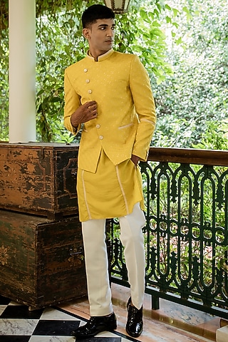 Yellow Cotton Silk Machine Embroidered Bundi Set by TAJIRI