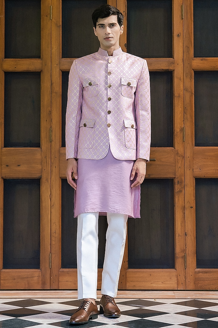 Lilac Linen Zari Embroidered Bundi Jacket Set by TAJIRI