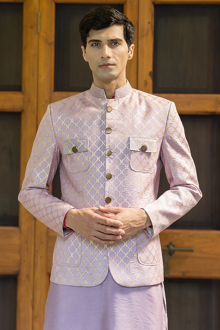 Lilac Linen Zari Embroidered Bundi Jacket Set by TAJIRI at Pernia's Pop Up Shop
