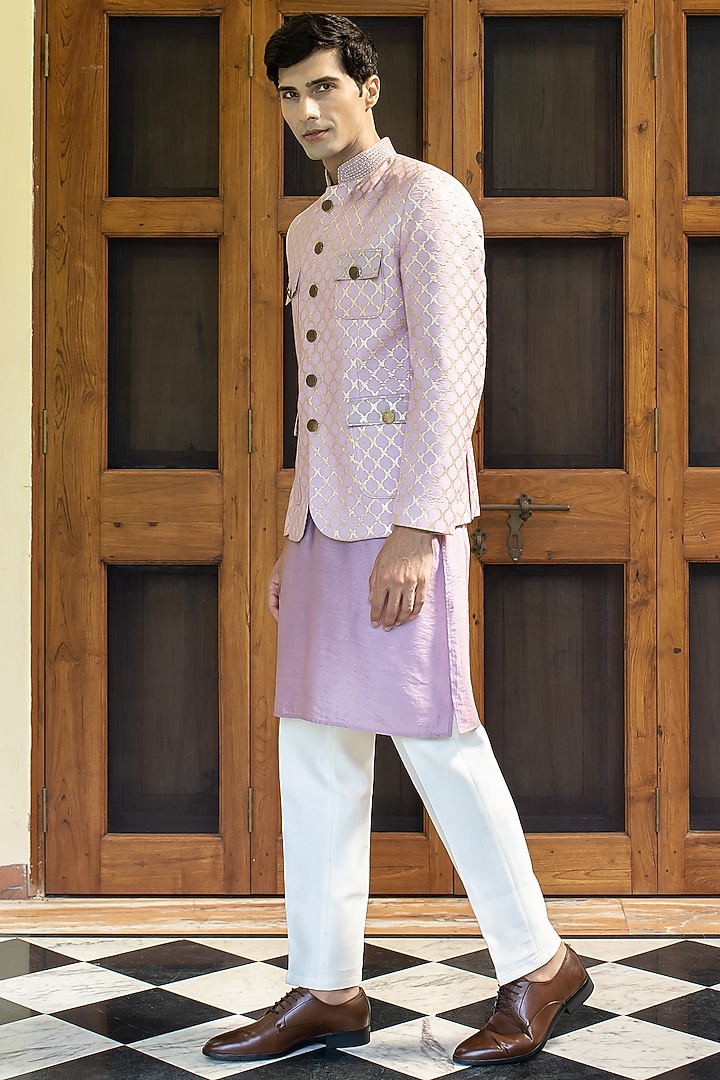 Lilac Linen Zari Embroidered Bundi Jacket Set by TAJIRI at Pernia's Pop Up Shop