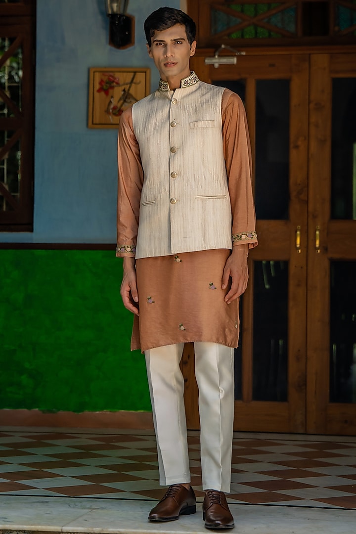 Beige Linen Hand Embroidered Bundi Jacket Set by TAJIRI