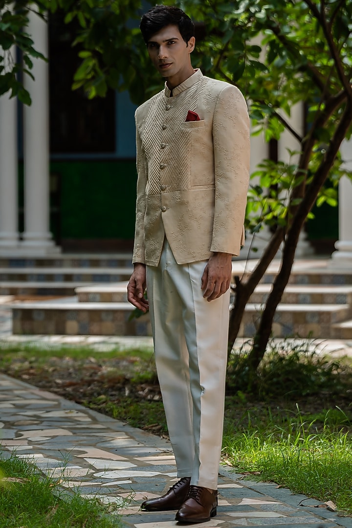Beige Linen Machine Embroidered Bandhgala Set by TAJIRI at Pernia's Pop Up Shop