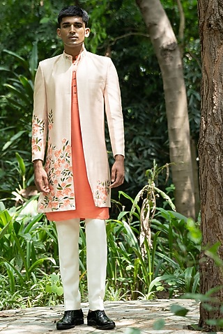 Beige Raw Silk Machine Embroidered Indowestern Set by TAJIRI