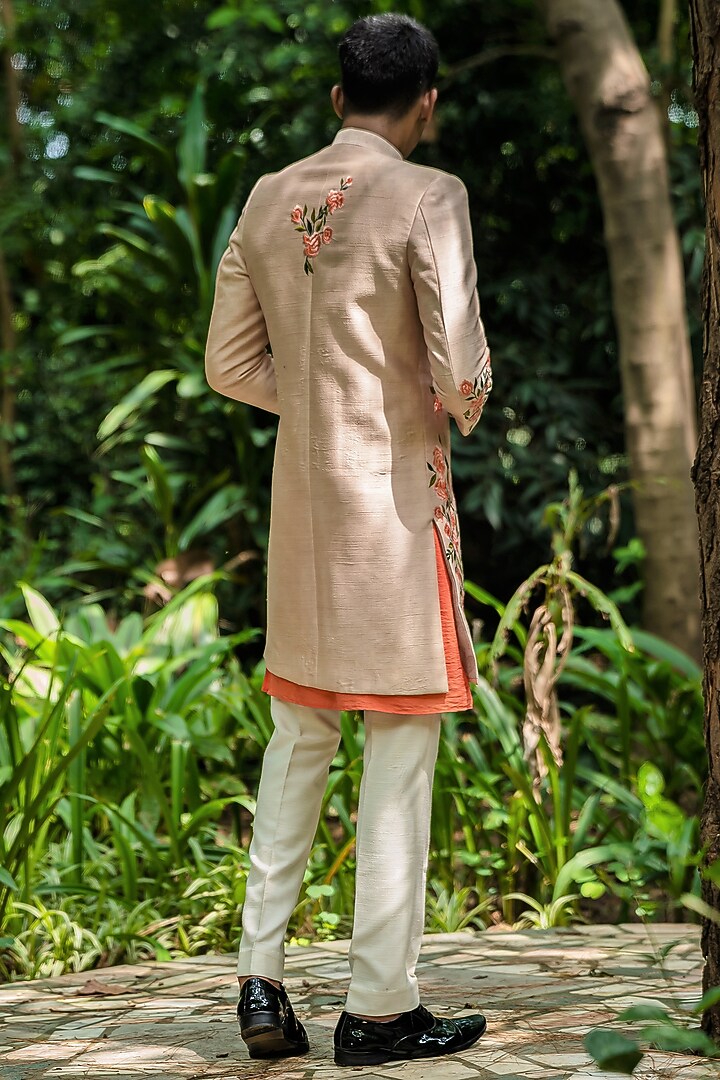 Beige Raw Silk Machine Embroidered Wedding Indowestern Set by TAJIRI at Pernia's Pop Up Shop