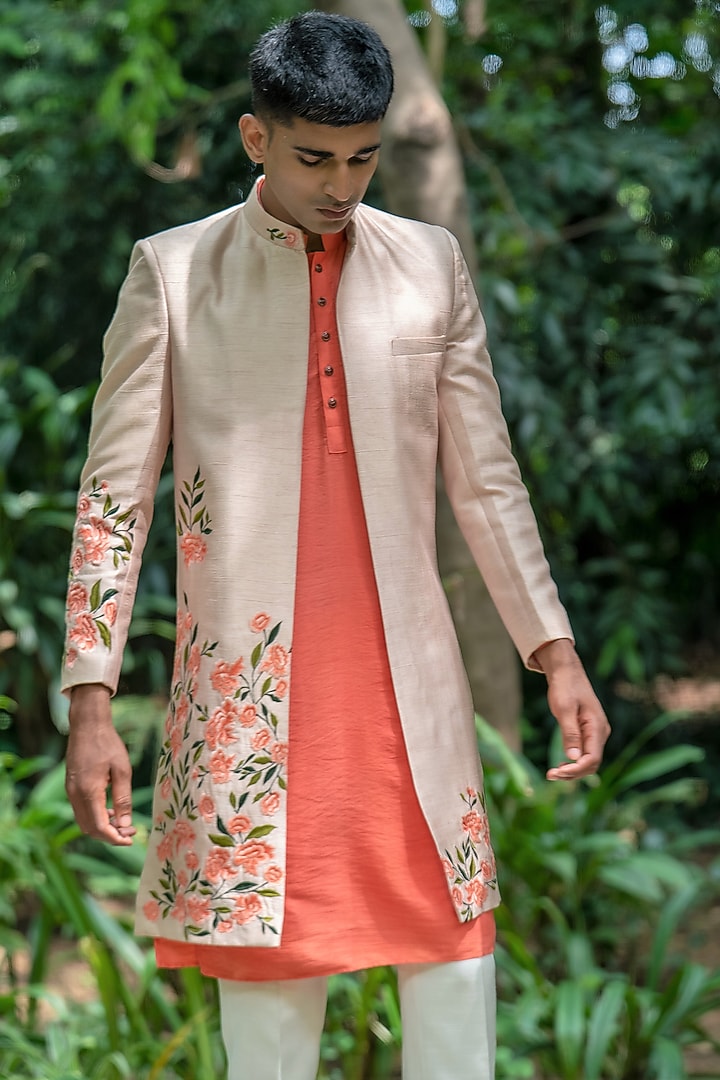 Beige Raw Silk Machine Embroidered Wedding Indowestern Set by TAJIRI at Pernia's Pop Up Shop