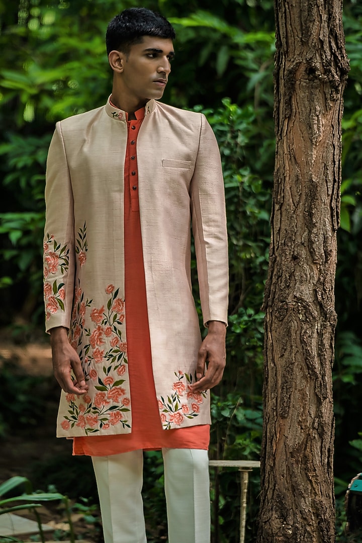 Beige Raw Silk Machine Embroidered Wedding Indowestern Set by TAJIRI at Pernia's Pop Up Shop