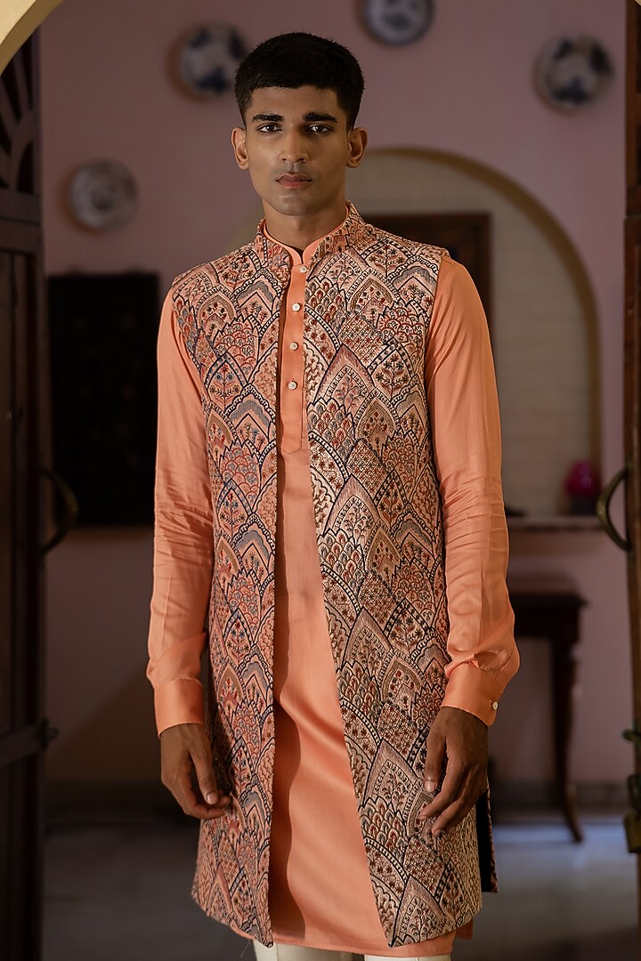 Peach Velvet Hand Embroidered Indowestern Set by TAJIRI at Pernia's Pop Up Shop