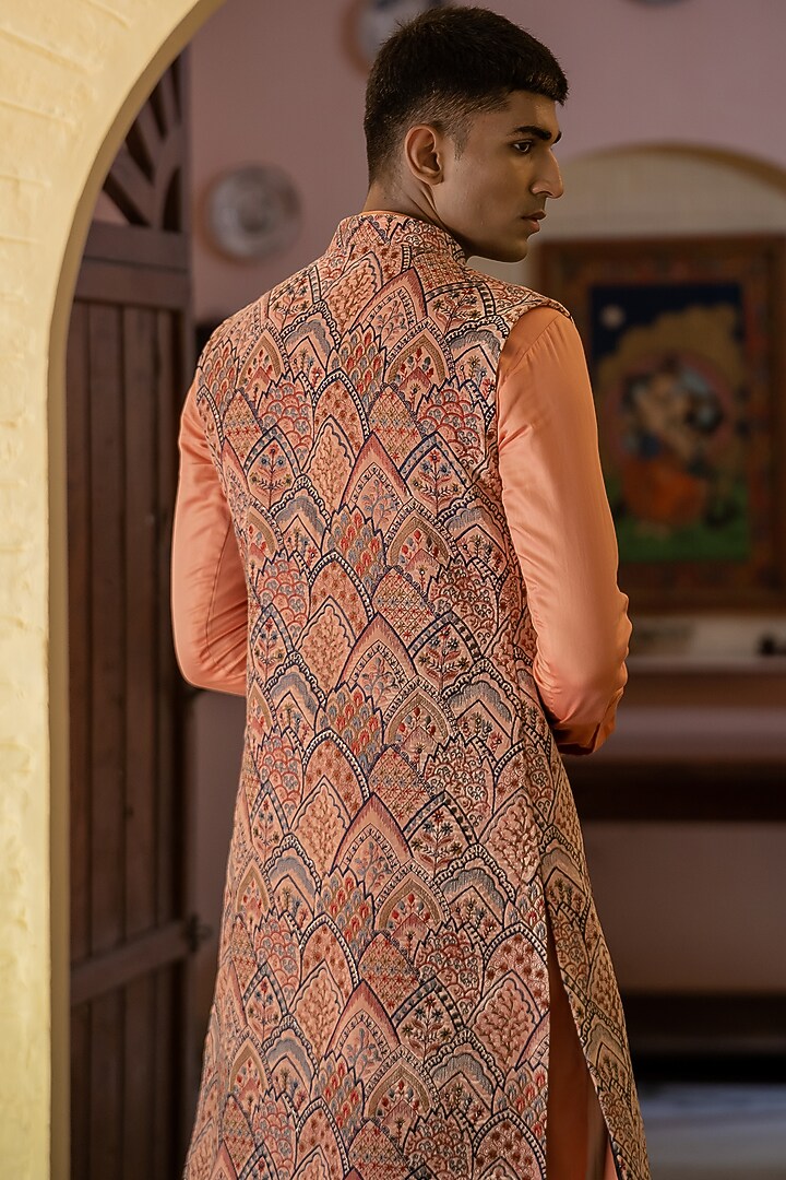 Peach Velvet Hand Embroidered Indowestern Set by TAJIRI at Pernia's Pop Up Shop