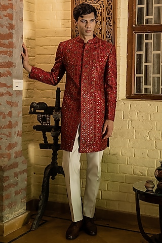 Red Suiting Fabric Sequins Hand Embroidered sherwani Set by TAJIRI