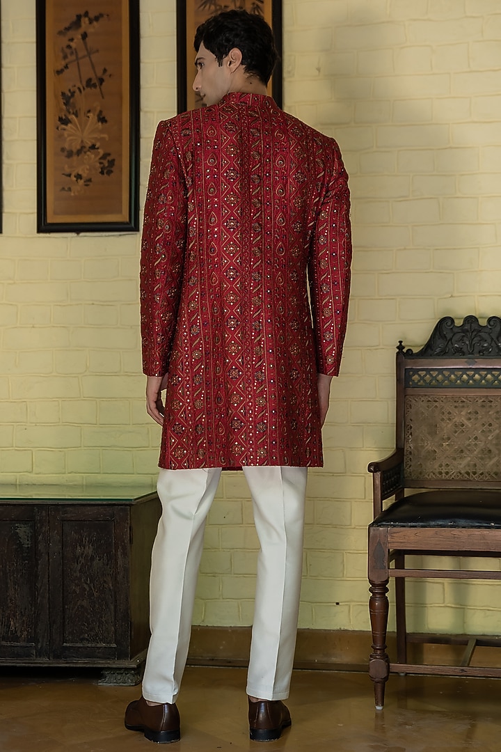 Red Suiting Fabric Sequins Hand Embroidered Wedding Sherwani Set by TAJIRI at Pernia's Pop Up Shop