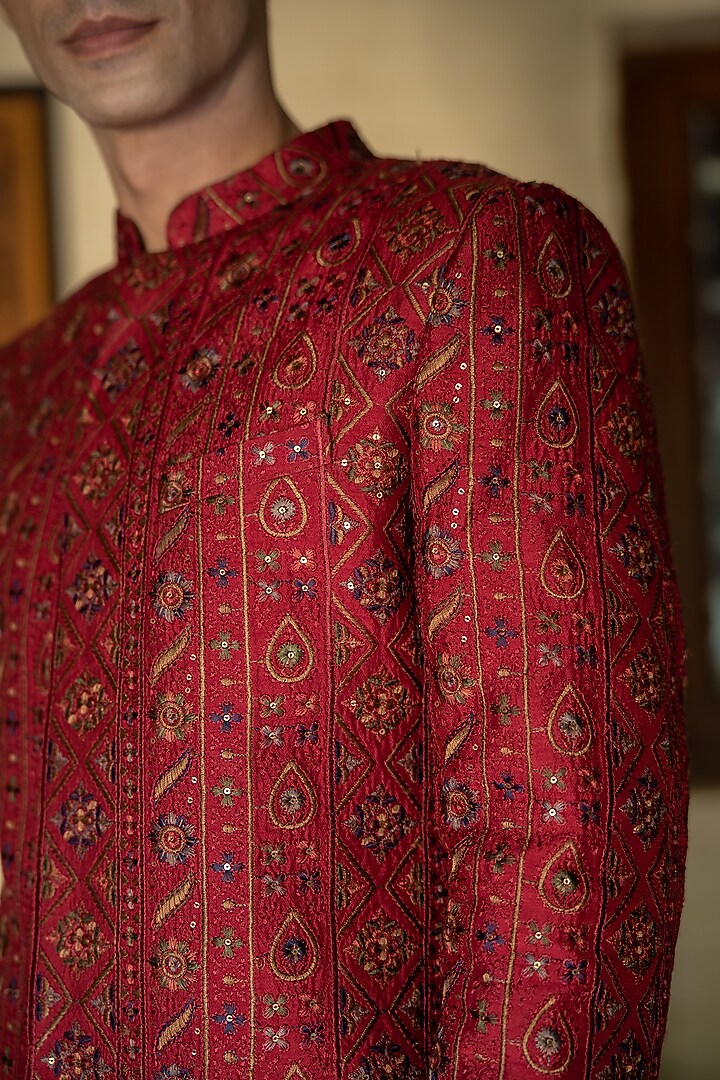 Red Suiting Fabric Sequins Hand Embroidered Wedding Sherwani Set by TAJIRI at Pernia's Pop Up Shop