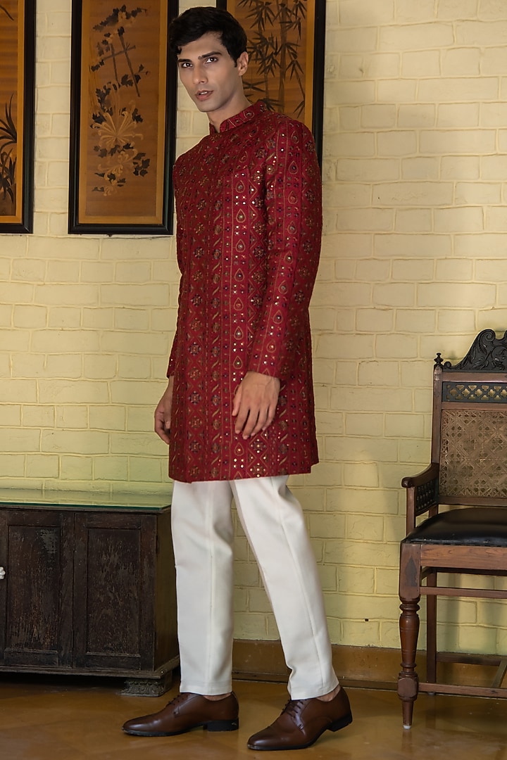 Red Suiting Fabric Sequins Hand Embroidered Wedding Sherwani Set by TAJIRI at Pernia's Pop Up Shop