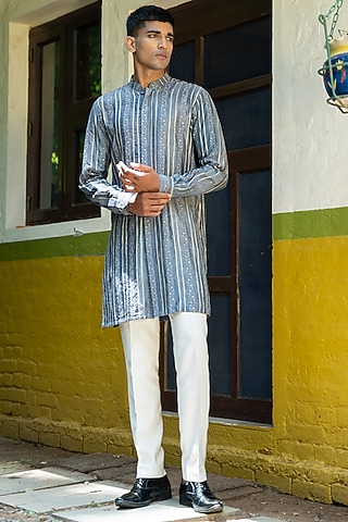 Powder Blue Silk Zari Embroidered Kurta Set by TAJIRI