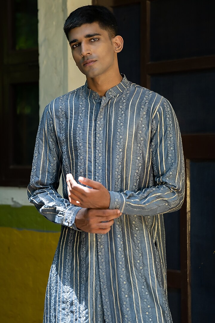 Powder Blue Silk Zari Embroidered Kurta Set by TAJIRI at Pernia's Pop Up Shop