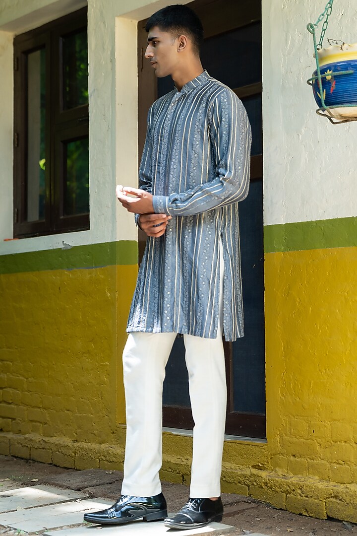 Powder Blue Silk Zari Embroidered Kurta Set by TAJIRI at Pernia's Pop Up Shop