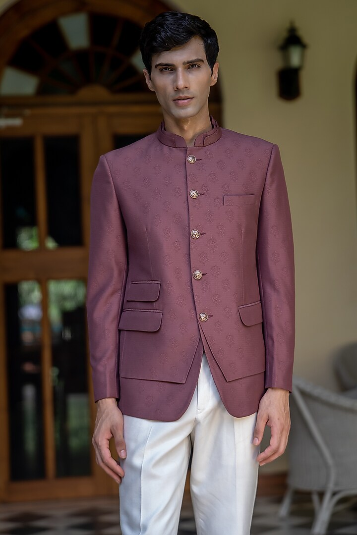 Wine Terry Rayon Bandhgala Set by TAJIRI at Pernia's Pop Up Shop