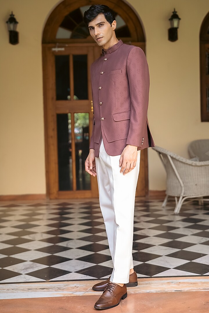 Wine Terry Rayon Bandhgala Set by TAJIRI at Pernia's Pop Up Shop