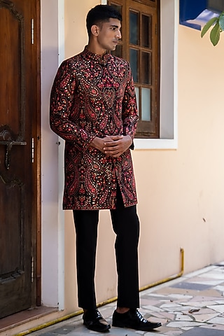 Black Silk Hand & Machine Embroidered Kurta Set by TAJIRI