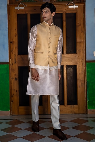 Beige Silk Blend Bundi Jacket Set by TAJIRI