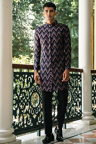 Black Silk Hand & Machine Embroidered Sherwani Set by TAJIRI