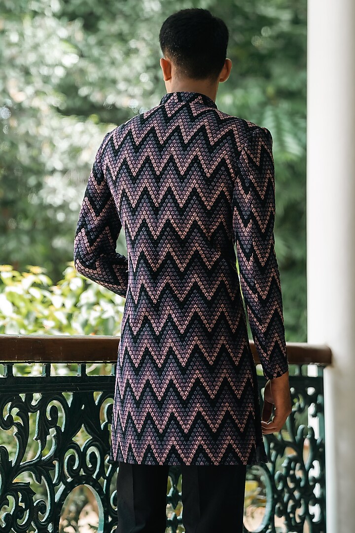 Black Silk Hand & Machine Embroidered Wedding Sherwani Set by TAJIRI at Pernia's Pop Up Shop