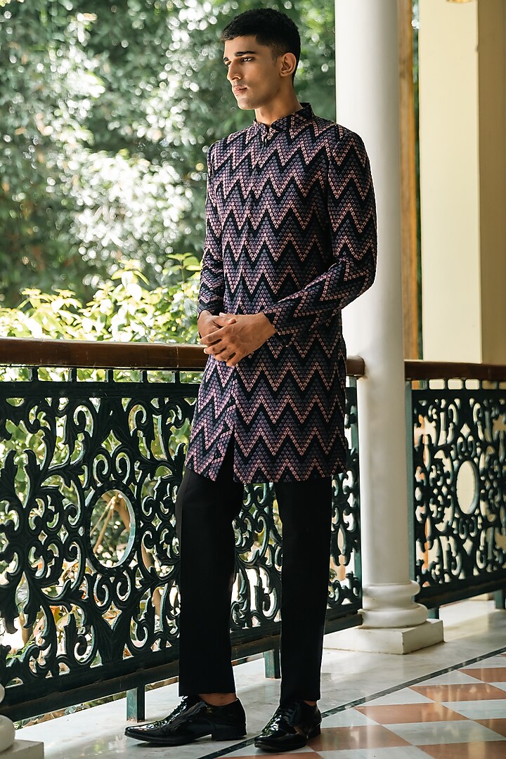Black Silk Hand & Machine Embroidered Wedding Sherwani Set by TAJIRI at Pernia's Pop Up Shop