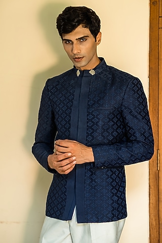 Royal Blue Linen Zari Motif Embroidered Bandhgala Set by TAJIRI