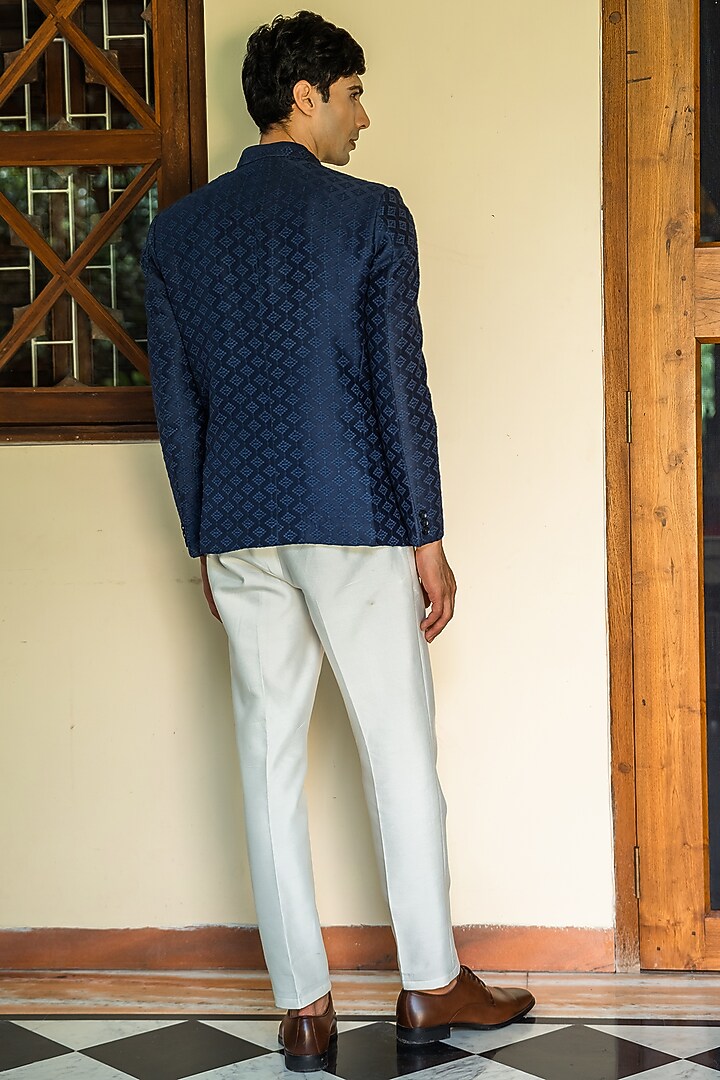 Royal Blue Linen Zari Motif Embroidered Bandhgala Set by TAJIRI at Pernia's Pop Up Shop