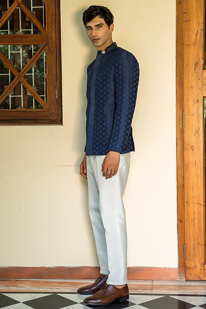 Royal Blue Linen Zari Motif Embroidered Bandhgala Set by TAJIRI at Pernia's Pop Up Shop