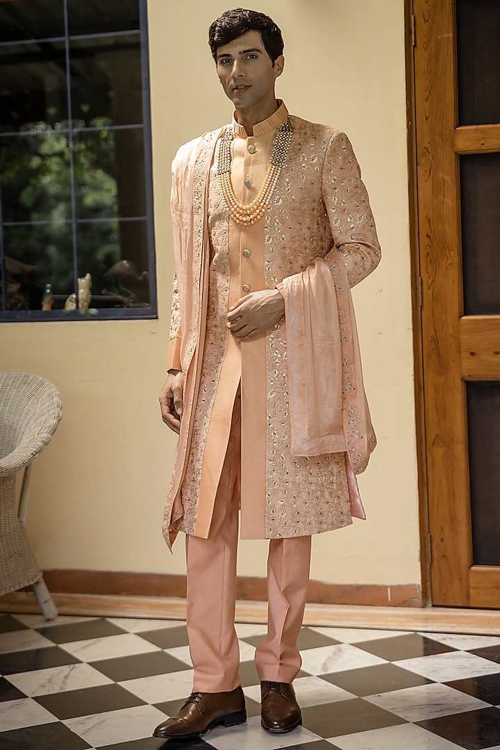 Peach Silk Hand Embroidered Sherwani Set by TAJIRI