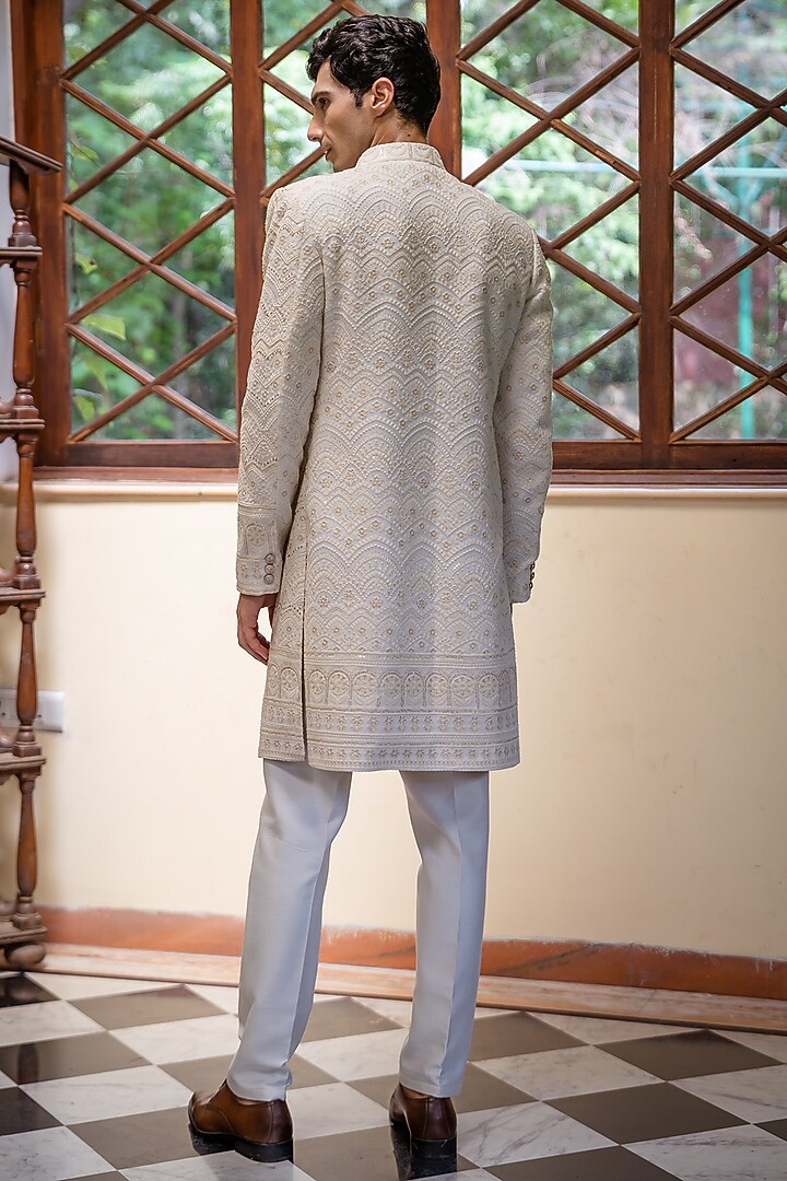 Beige Georgette Hand & Machine Embroidered Wedding Sherwani Set by TAJIRI at Pernia's Pop Up Shop