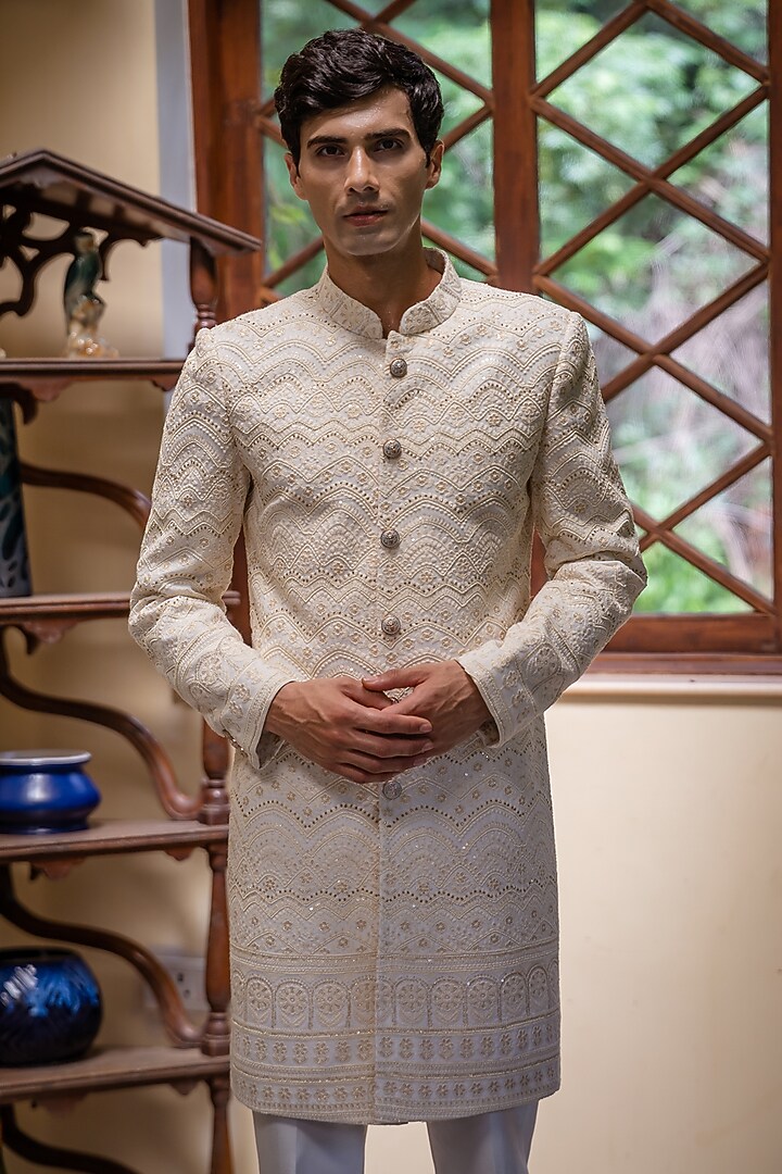 Beige Georgette Hand & Machine Embroidered Wedding Sherwani Set by TAJIRI at Pernia's Pop Up Shop