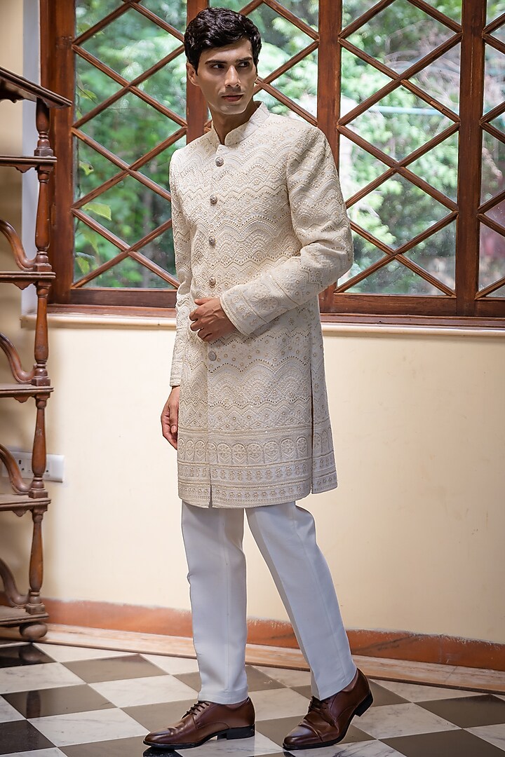 Beige Georgette Hand & Machine Embroidered Wedding Sherwani Set by TAJIRI at Pernia's Pop Up Shop