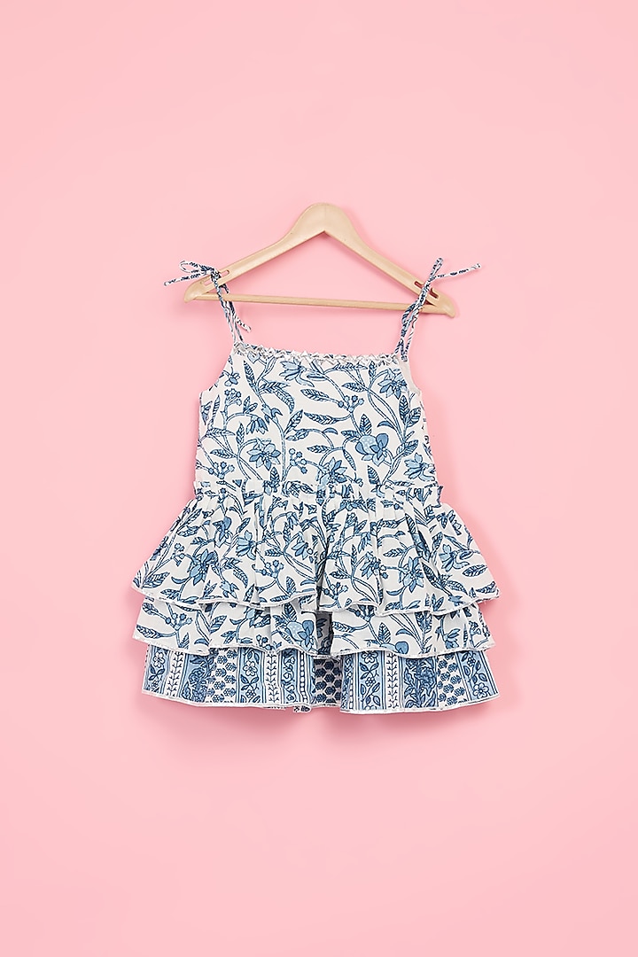 Powder Blue Cotton Hand Block Printed Dress For Girls by TAMASHA at Pernia's Pop Up Shop