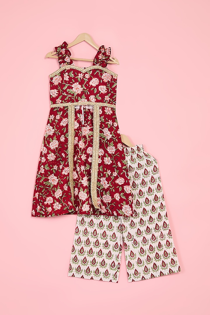 Red Cotton Hand Block Printed Kurta Set For Girls by TAMASHA at Pernia's Pop Up Shop