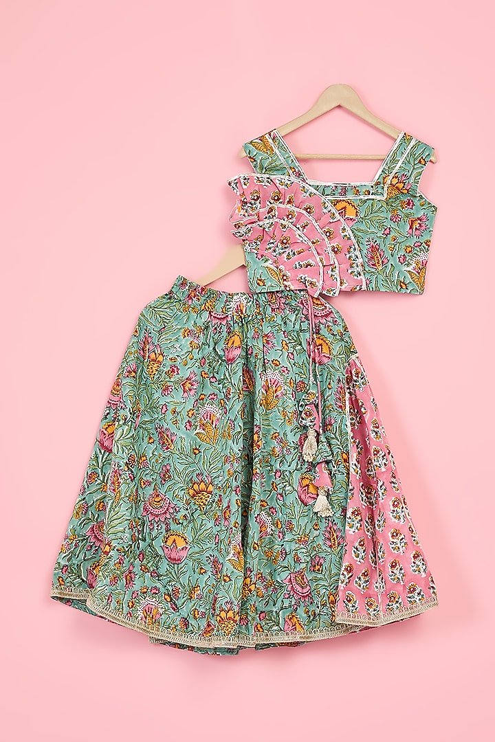 Green & Blush Pink Cotton Hand Block Printed Lehenga Set For Girls by TAMASHA at Pernia's Pop Up Shop